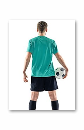 one caucasian soccer player man standing Rear View holding football isolated on white background