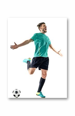 one caucasian soccer player man happy celebration isolated on white background