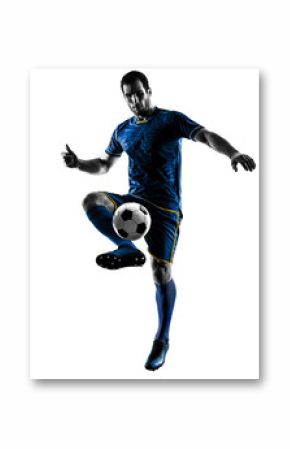 one caucasian soccer player man playing in silhouette isolated on white background