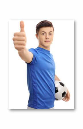 Teenage soccer player with football making thumb up gesture