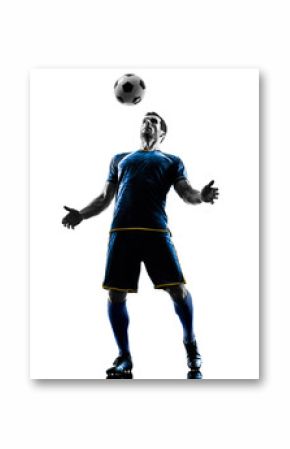 one caucasian soccer player man playing in silhouette isolated on white background