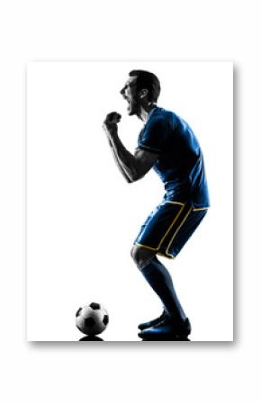 one caucasian soccer player man happy celebration  in silhouette isolated on white background