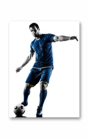 one caucasian soccer player man playing kicking in silhouette isolated on white background