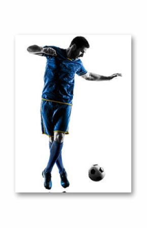 one caucasian soccer player man playing in silhouette isolated on white background