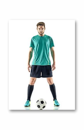 one caucasian soccer player man standing with football isolated on white background