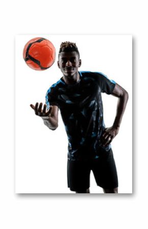 one african soccer player man playing in studio isolated on white background