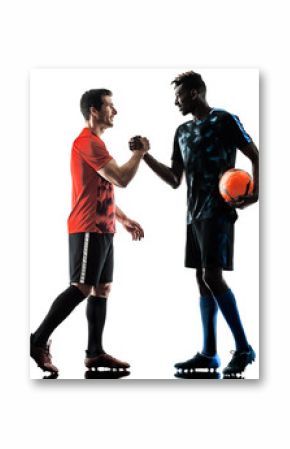 two soccer players men in studio silhouette isolated on white background