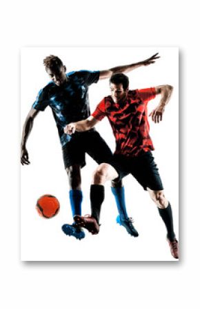 two soccer players men in studio silhouette isolated on white background