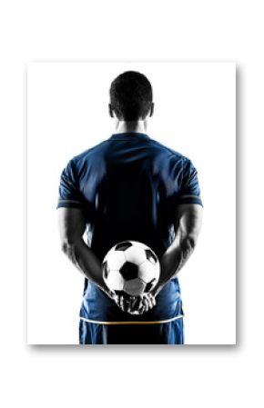 one caucasian soccer player man standing Rear View in silhouette isolated on white background