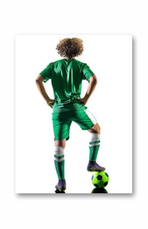 one mixed race young teenager soccer player man playing  in silhouette isolated on white background