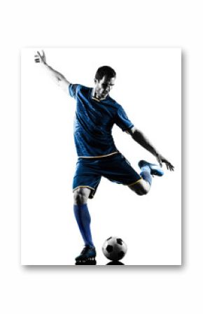 one caucasian soccer player man playing kicking in silhouette isolated on white background