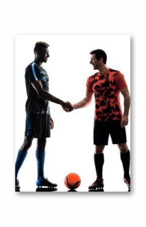 two soccer players men in studio silhouette isolated on white background