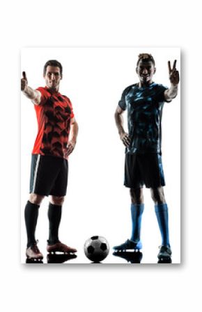 two soccer players men in studio silhouette isolated on white background
