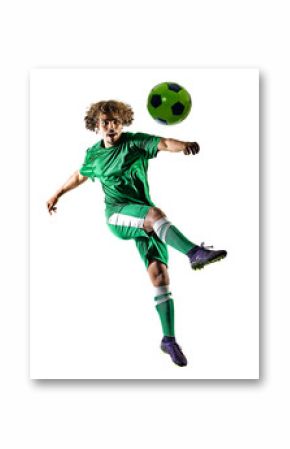 one mixed race young teenager soccer player man playing  in silhouette isolated on white background