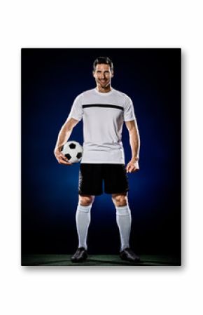 one caucasian soccer player man isolated on black background