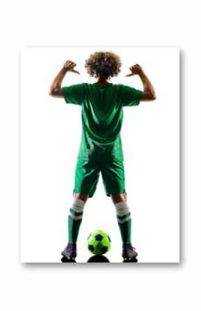 one mixed race young teenager soccer player man playing  in silhouette isolated on white background