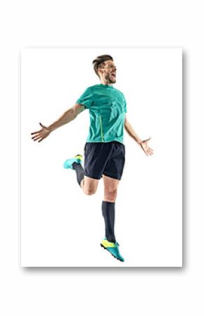 one caucasian soccer player man happy celebration isolated on white background