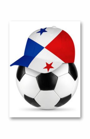 Classic black white leather soccer ball panama panamanian flag baseball fan cap isolated background sport football concept