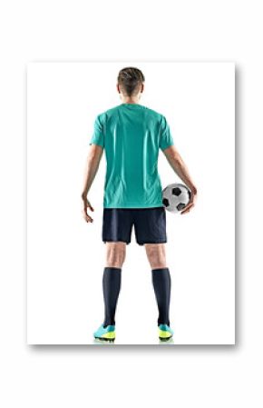 one caucasian soccer player man standing Rear View holding football isolated on white background