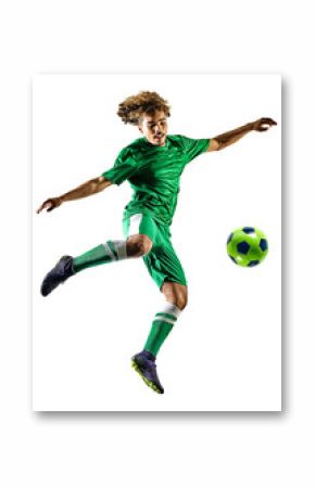 one mixed race young teenager soccer player man playing  in silhouette isolated on white background