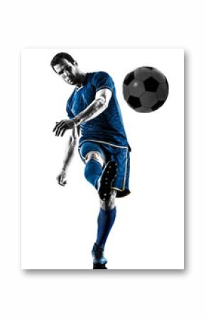 one caucasian soccer player man playing kicking in silhouette isolated on white background