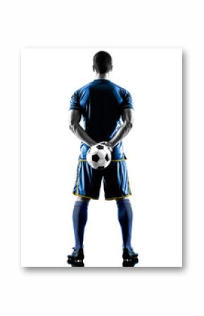 one caucasian soccer player man standing Rear View in silhouette isolated on white background