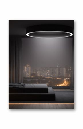 Nowoczesna sypialnia z dużym łóżkiem, okrągłą lampą sufitową i panoramicznym oknem z widokiem na oświetlone miasto nocą. Minimalistyczny, elegancki design.