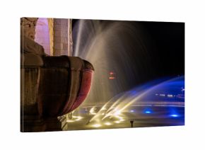 Fountain in Szczecin, Wały Chrobrego. City at night, colors, reflections, light, Poland, summer 2022