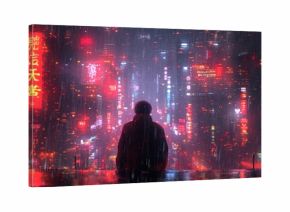 Mężczyzna stoi nocą w deszczu przed miastem pełnym neonów, bilbordów i świateł