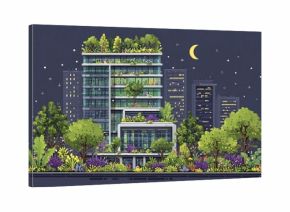 NOCNA ILUSTRACJA BIUROWCA W STYLU PASTELOWYM Z ZIELONĄ ARCHITEKTURĄ