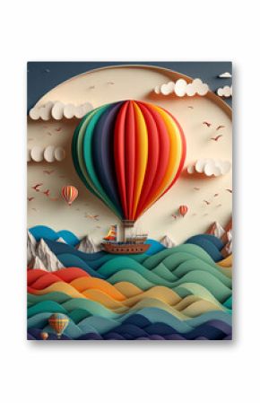 Hot air balloon over the sea,  paper craft art or origami style for baby nursery, children design.Generative ai.