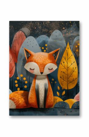 Nordic kid's hand drawn fox in the forest . Creative children texture for kids textiles, fabrics, decor, wallpapers.