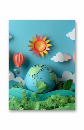 Paper art style of rainbow on blue sky sun, hot air balloon and cloudsfor baby nursery, children design.