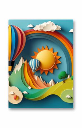 Paper art style of rainbow on blue sky sun, hot air balloon and cloudsfor baby nursery, children design.