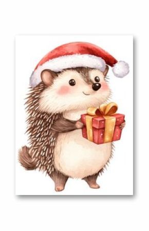 An animal illustration for kids featuring a watercolor hedgehog with a gift