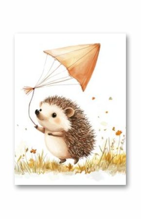 A watercolor hedgehog flying a kite. Illustration for kids of woodland animals