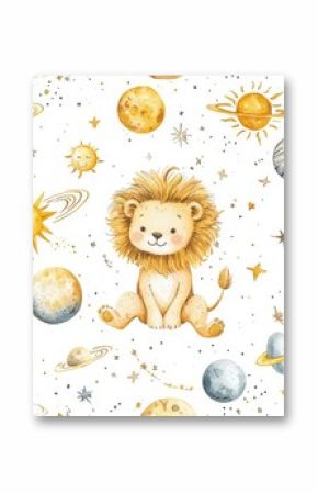 This seamless watercolor lion pattern is designed to represent zodiac signs, horoscope illustrations for kids