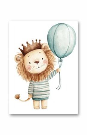 Invitation for birthday party, baby shower, or nursery with lion watercolor template