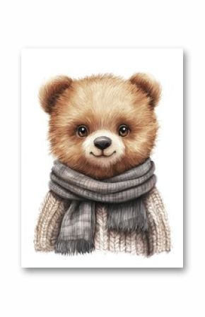 Illustration for kids depicting a watercolor bear with a scarf and mug.