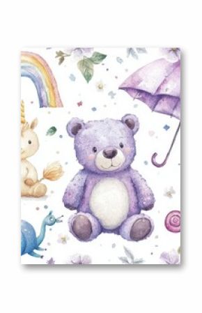 Watercolor seamless pattern illustration for kids with unicorns, bears, and elephants