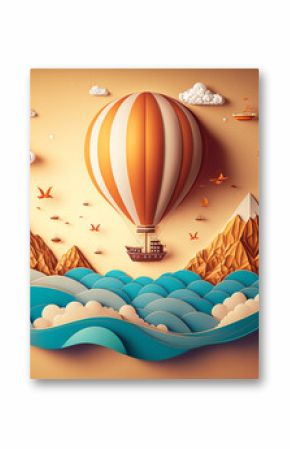 Hot air balloon over the sea,  paper craft art or origami style for baby nursery, children design.Generative ai.