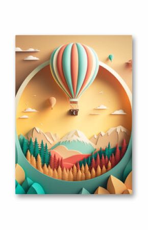 Hot air balloon over the mountains,  paper craft art or origami style for baby nursery, children design.Generative ai.