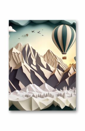 Hot air balloon over the mountains, paper craft art or origami style for baby nursery, children design.Generative ai.