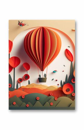 Hot air balloon over poppy field,  paper craft art or origami style for baby nursery, children design.Generative ai.