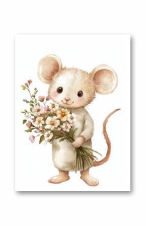 Cute mouse holding a bouquet of flowers, in the watercolor illustration style, with a white background.