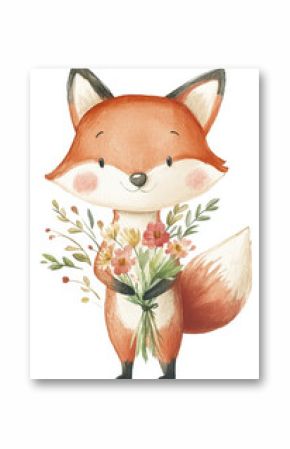 Cute fox holding a bouquet of flowers, in a watercolor illustration style for a children's book with a white background.