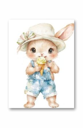 Imaginative illustration for kids showing a bunny eating ice cream with watercolors