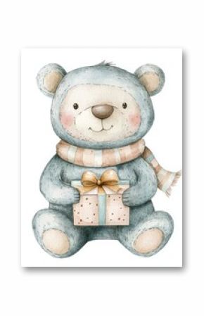 Children's animal illustration with a watercolor bear and a gift.