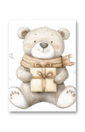 A watercolor bear with a gift. A fun animal illustration for children.