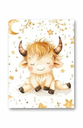 An illustrated horoscope illustration with watercolor taurus as the sign of the zodiac